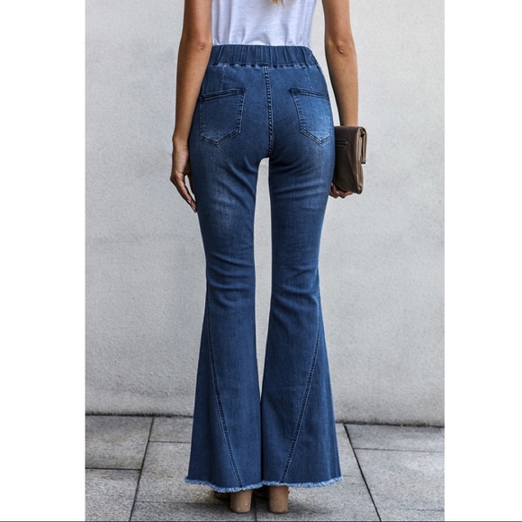 Sky Blue Distressed Bell Bottom Denim Pants - Picture 4 of 5